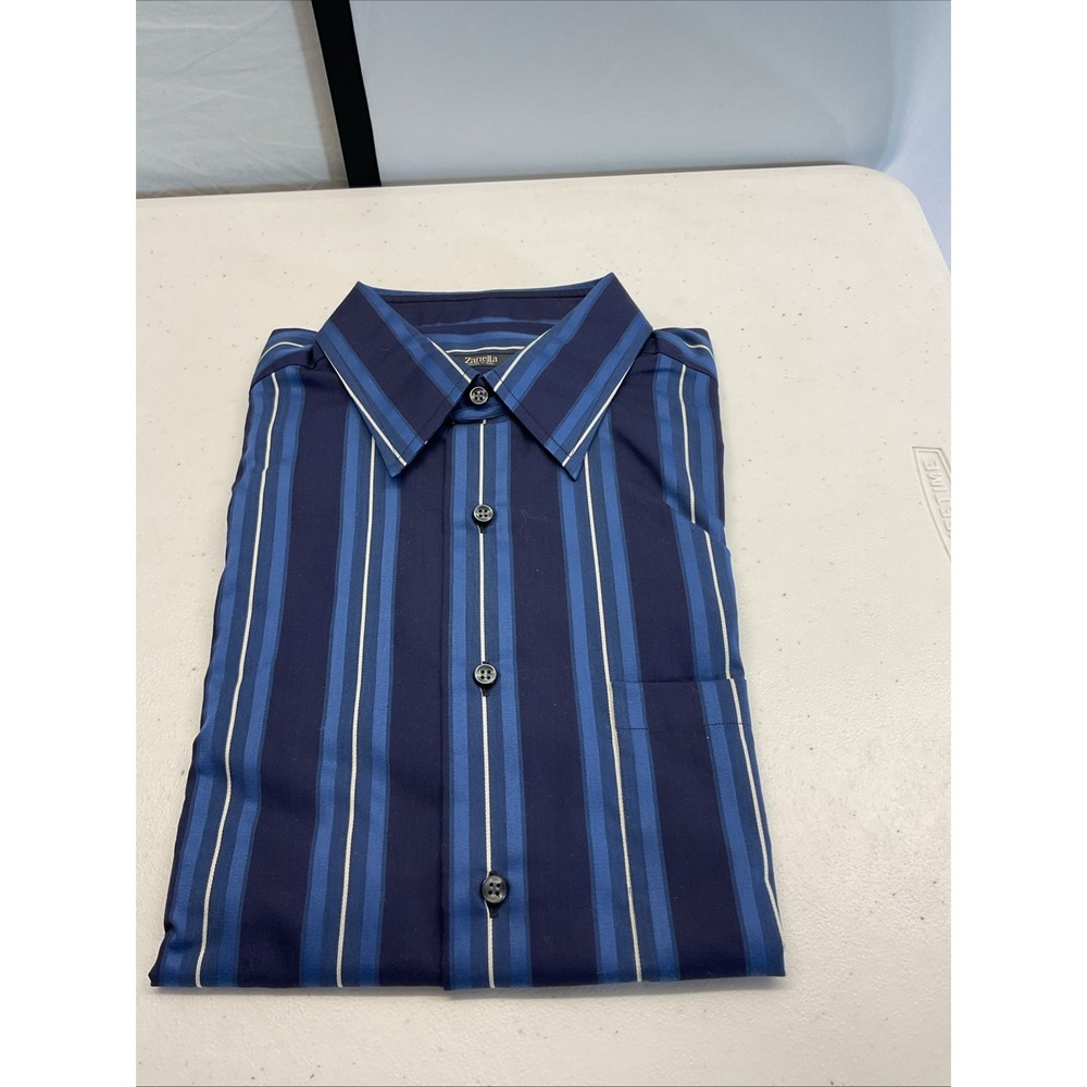 Zanella Made in Italy Shirt Long Sleeve Size L 100% Cotton Striped Black blue